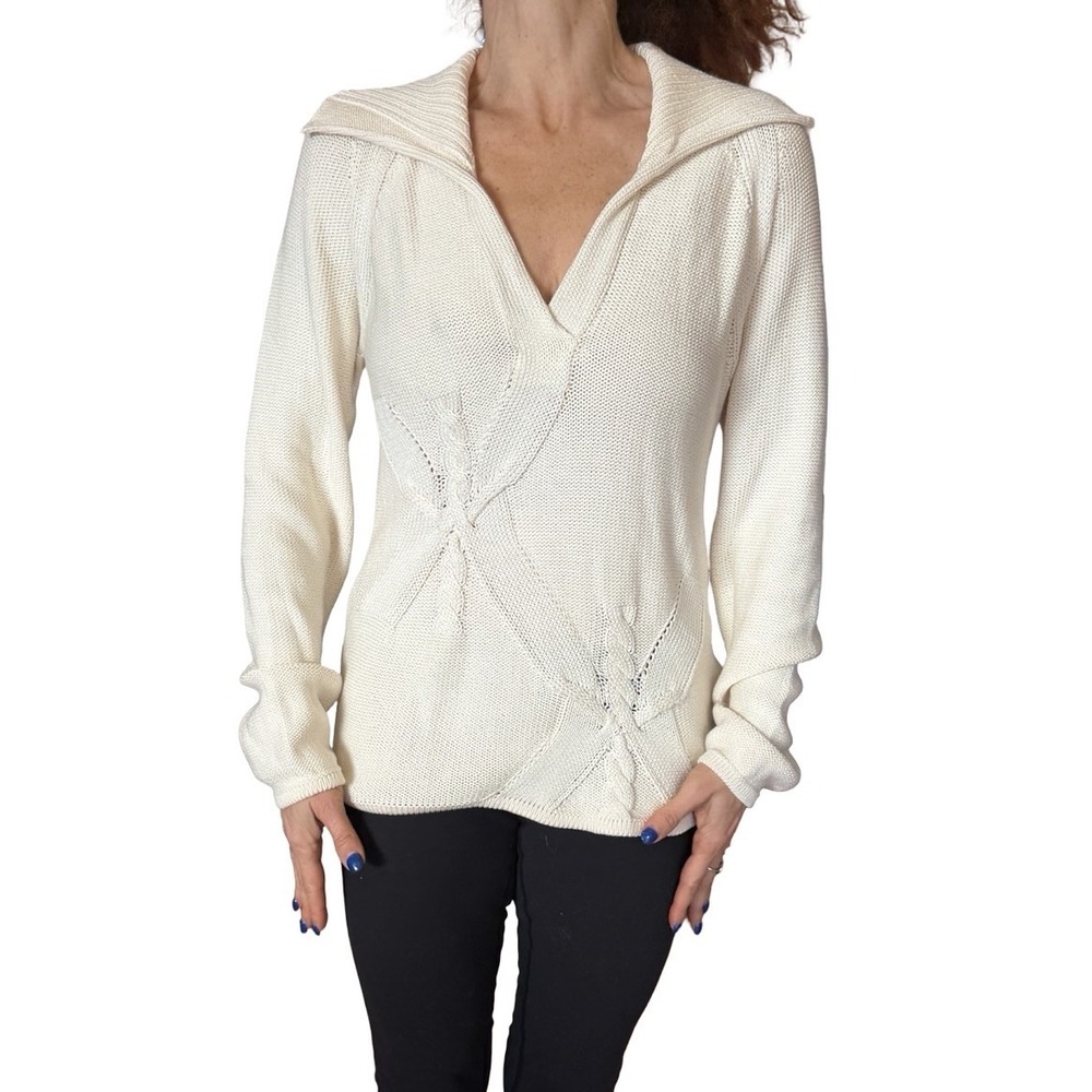 Women's Malo Sweater Ivory Silk  Knit Collared Jumper V Neck Cable knit  44 M